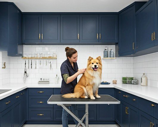 Professional pet groomer bathing a dog at Alpha Lodge salon Murray Bridge